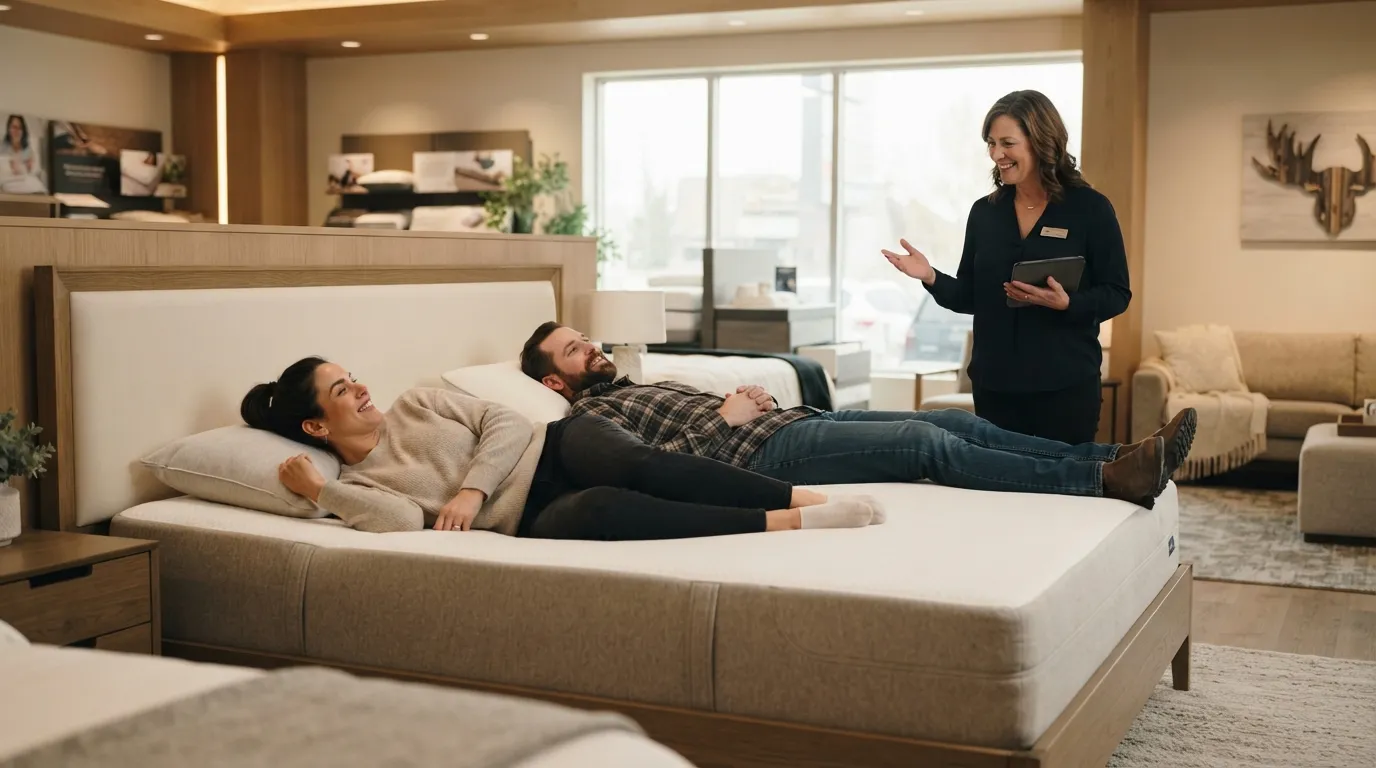 Couple comparing different firmness preferences on each side of a shared mattress.